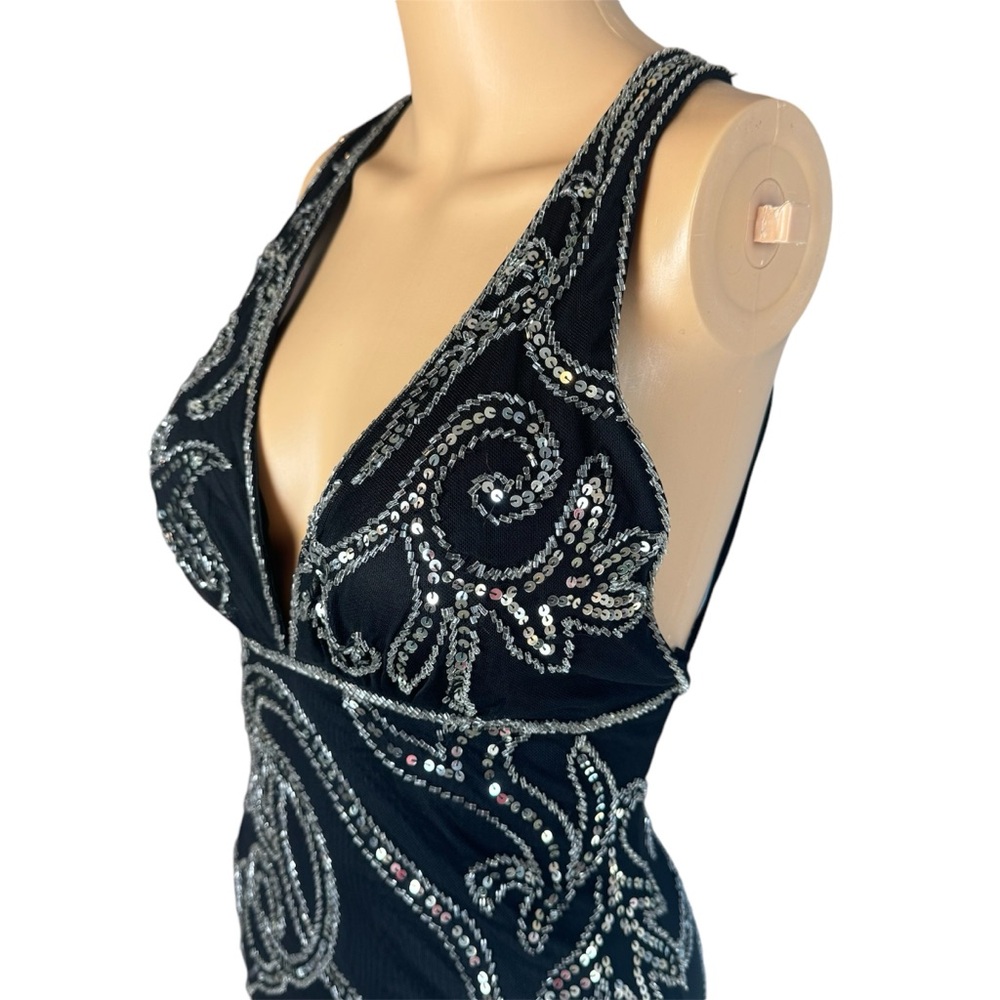 Mac Duggal Couture Black Beaded Plunge Front Open Back Evening Dress Gown Prom L - Picture 4 of 13